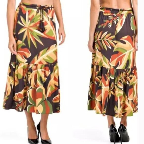 House of Harlow 1960 Women's Linen Tiered Tropical Midi Skirt Sz M Elastic Waist - Picture 1 of 16